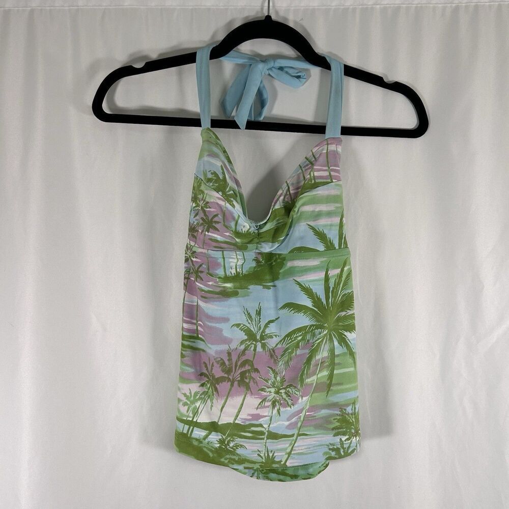 Becca Swim Top Women's Medium green Hawaiian Floral Tie Neck Pullover Sleeveless